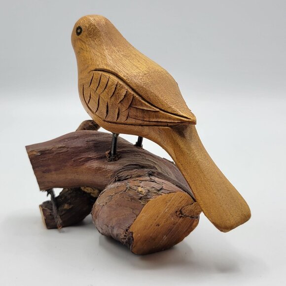 Vintage Hand Carved Wooden Wood Bird Sculpture Figure On Driftwood Stand - Picture 6 of 9